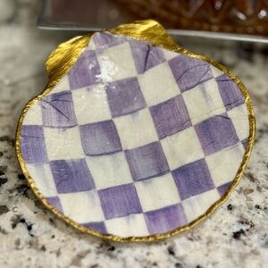 Hand Crafted Violet Check Trinket Shell Dish 5” Purple